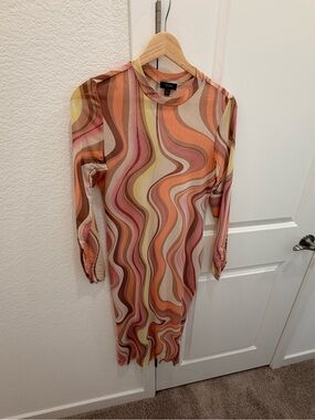 AFRM Pink & Orange Swirl Print Long Sleeve Midi Dress